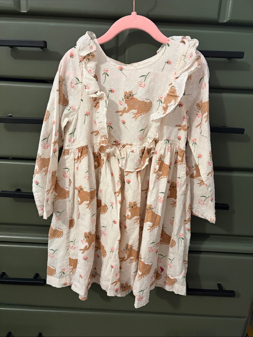 Pink Chicken Cream Dress with Tan Cat & Pink Floral Print